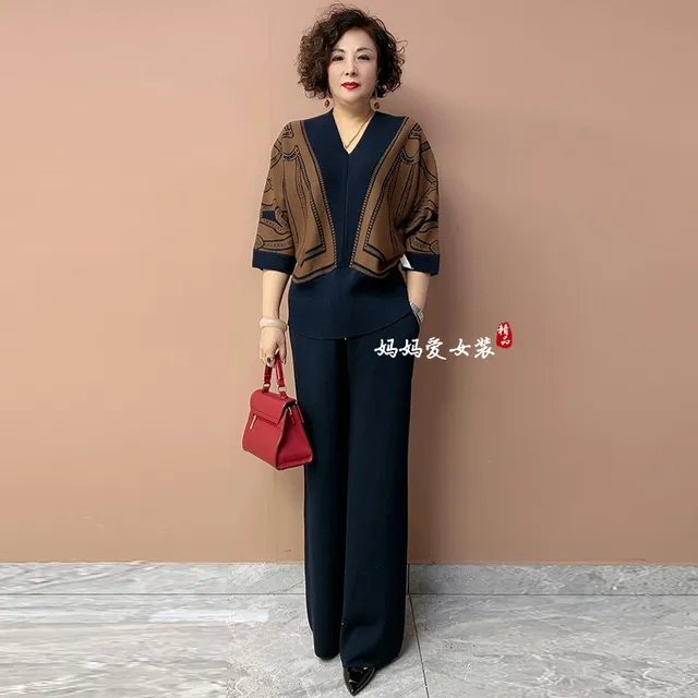 时髦中年妈妈时尚春秋套装女宽松气场阔太太装大码针织上衣两件套