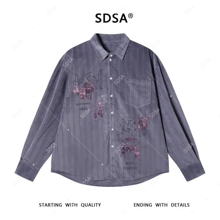 SDSA男士2025新款轻奢痞帅男装人物字母印花条纹纽扣衬衫百搭衬衣