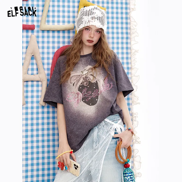 【冰冰】妖精的口袋复古灰色草莓印花短袖t恤女夏新款宽松休闲