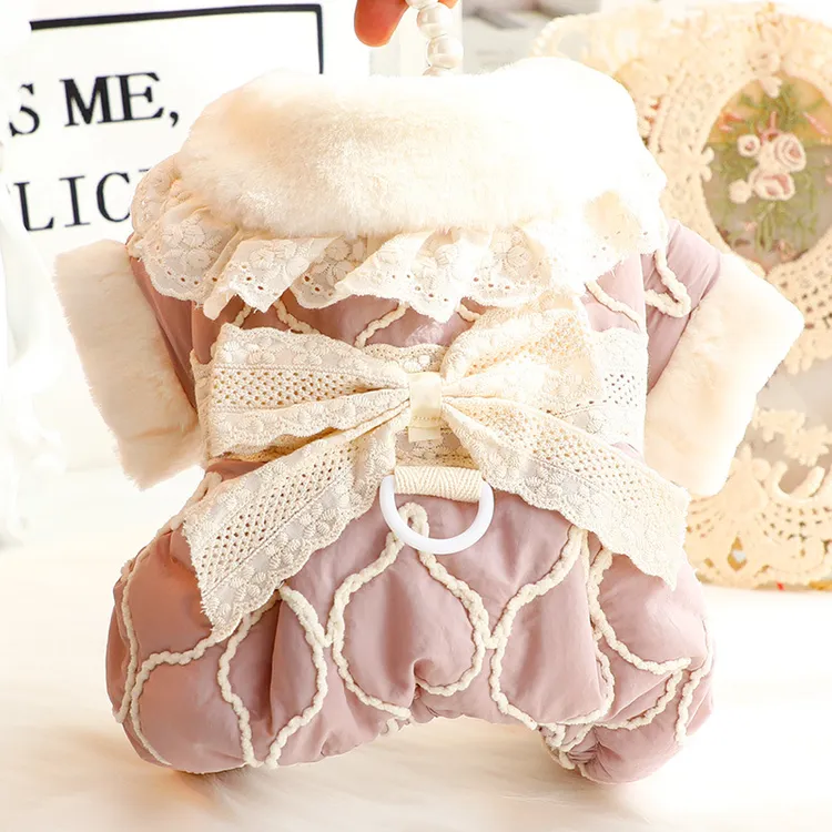 狗狗衣服秋冬装厚款花边领甜美四脚保暖可牵引小型犬泰迪宠物