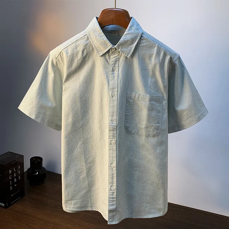 条纹短袖衬衫男款2025年夏季翻领半袖衬衣全棉宽松大尺码休闲寸衫