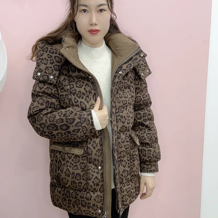 【名角服饰】【8538豹纹连帽中长款】冬季加厚时尚保暖棉服外套