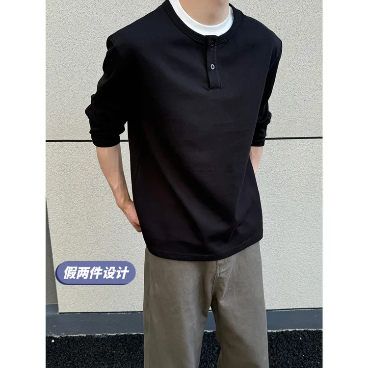 秋季亨利领假两件长袖T恤男女松弛感老钱风休闲纯色圆领T恤打底衫