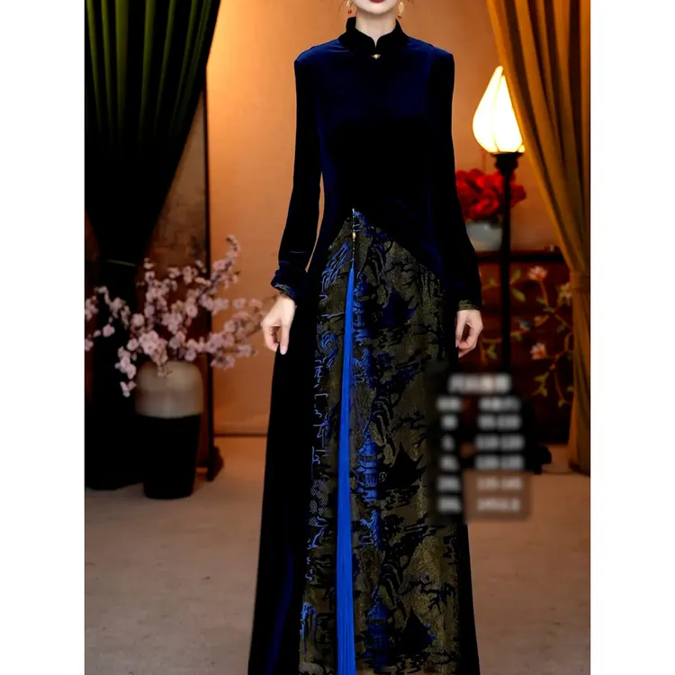 新中式国风气质改良版旗袍长裙2025冬季新款贵夫人显瘦丝绒连衣裙