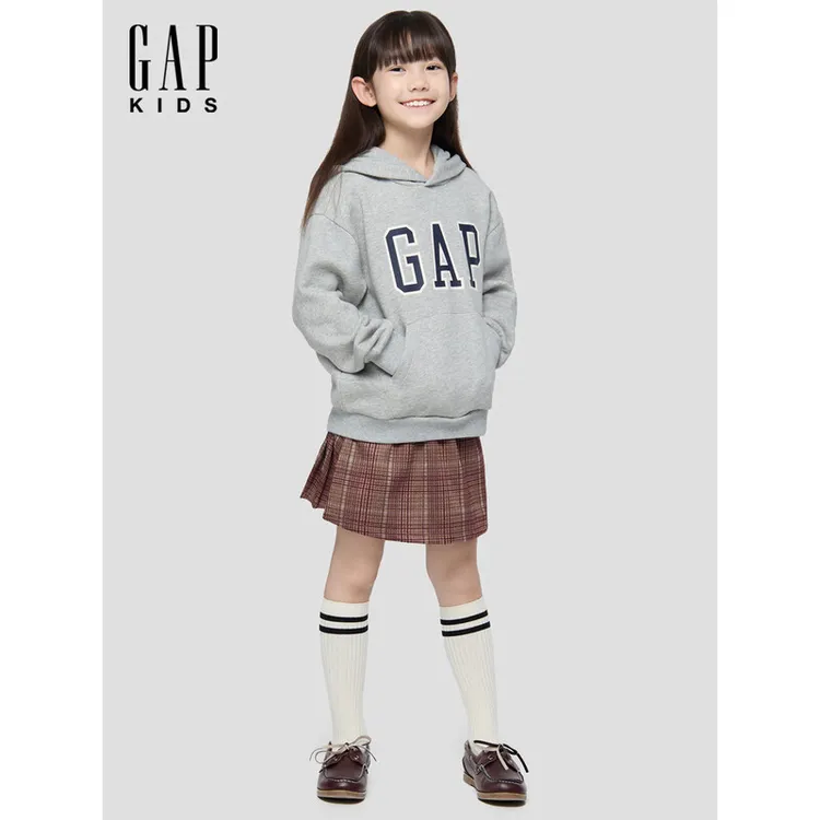 Gap男女童2025冬季新款Logo胶印抓绒套头连帽衫儿童装卫衣829299