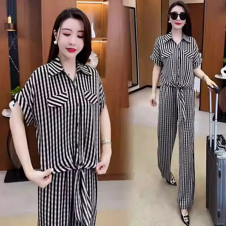 冰丝时尚套装女夏季新款洋气宽松显瘦条纹短袖衬衫阔腿裤两件套潮