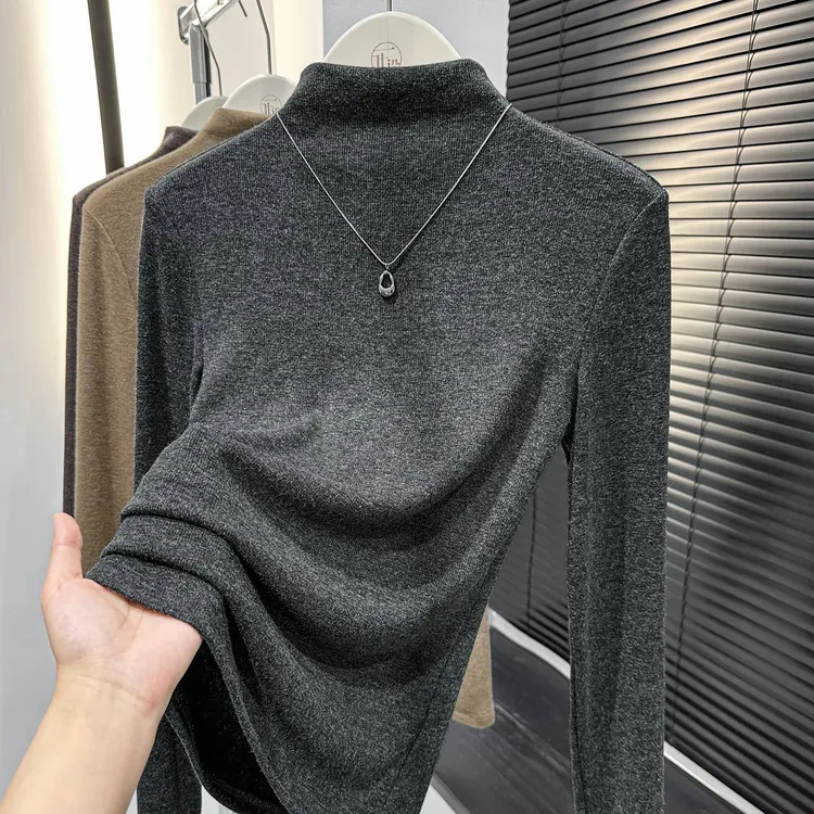 2025秋冬爆款深灰色半高领套头打底衫时尚内搭长袖T恤针织上衣女