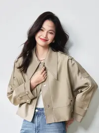 0375春秋夹克外套女美洋短风衣斜纹皮小个子机车翻领短款美式酷飒