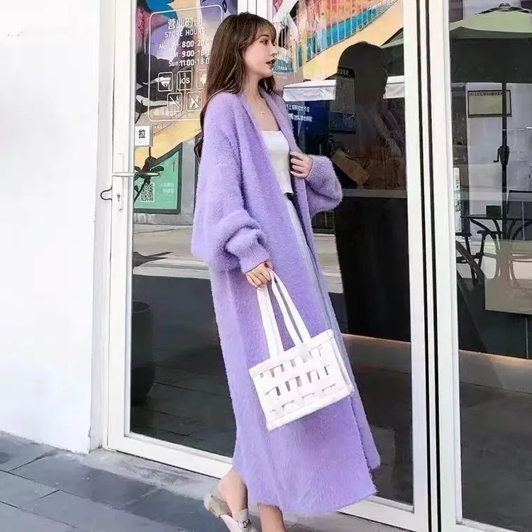 精选新款秋冬慵懒风宽松大码中长款针织开衫毛衣外套女加厚