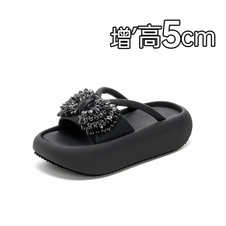5cm厚底外穿透气百搭凉鞋女2025夏季新款增高休闲水钻蝴蝶结拖鞋