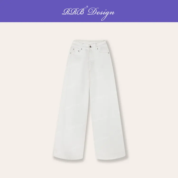 RRB Design 「百搭白牛」100%棉宽松显瘦简约阔腿长裤百搭牛仔裤