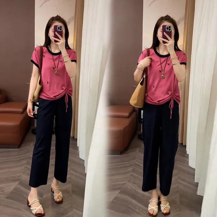 夏季韩版减龄穿搭女设计感小众褶皱短袖上衣小个子高腰九分休闲裤