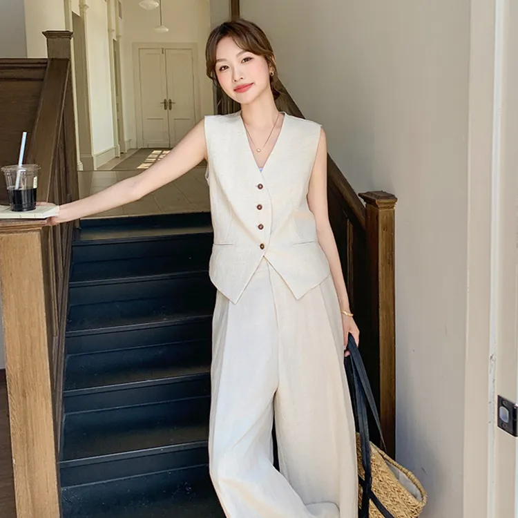 高级感老钱风亚麻套装女夏季2025新款薄款洋气马甲阔腿裤两件套