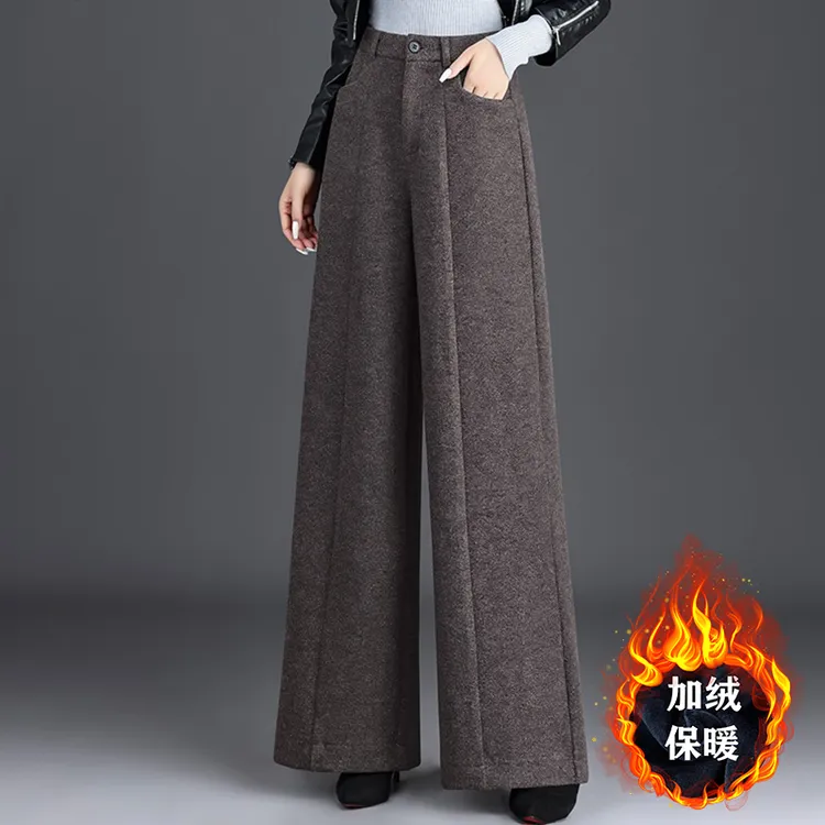 拉夏贝尔咖色加绒加厚毛呢阔腿裤女2025冬季新款高腰显瘦大直筒裤