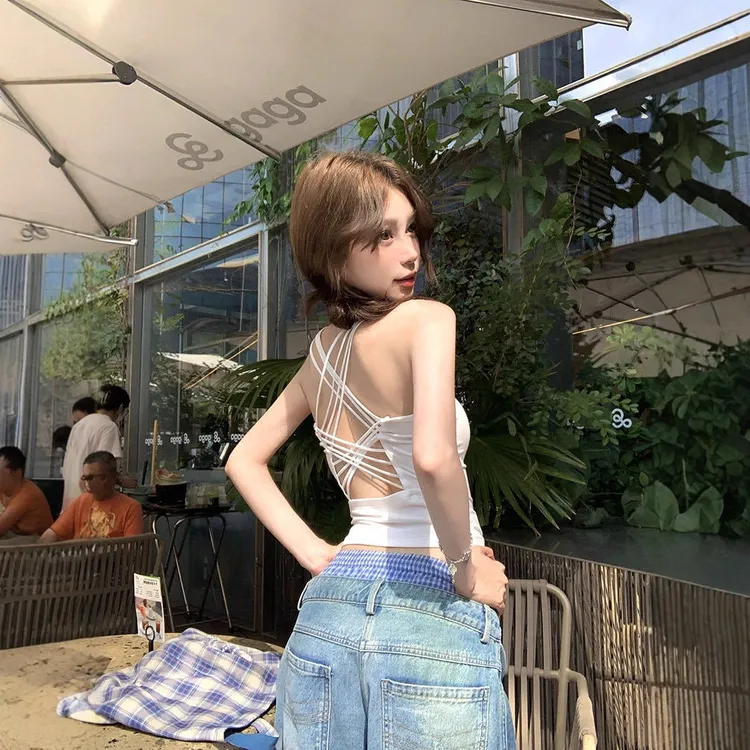 辣妹性感露背交叉美背宽肩背心内搭短款带胸垫运动外穿无袖上衣女