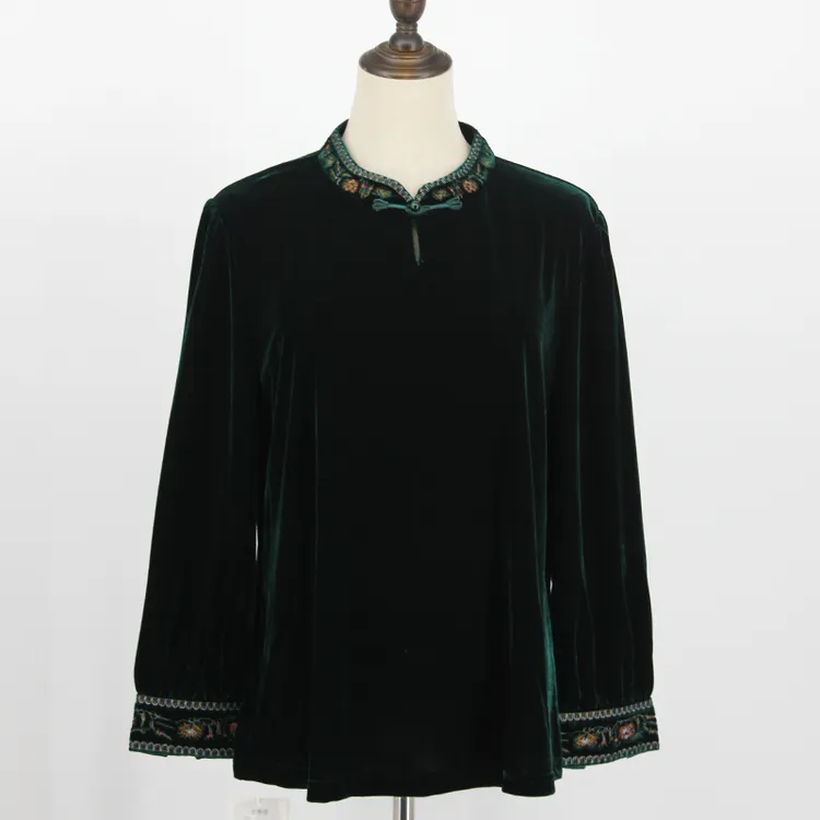 大码妈妈秋冬新款立领民族风丝绒长袖打底衫女阔太太套装小衫套装