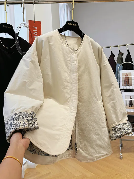 高级感复古别致独特超好看圆领棉服女秋冬慵懒松弛感休闲棉衣外套