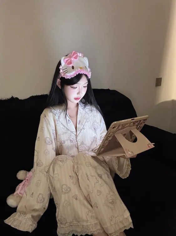 日系ins新款甜美卡通可爱蕾丝花边冰丝睡衣女春秋季长袖家居服