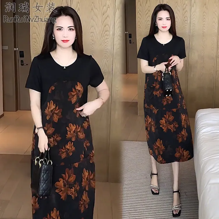夏季妈妈装拼接印花短袖连衣裙2025新款大码宽松遮肚子显瘦长裙子