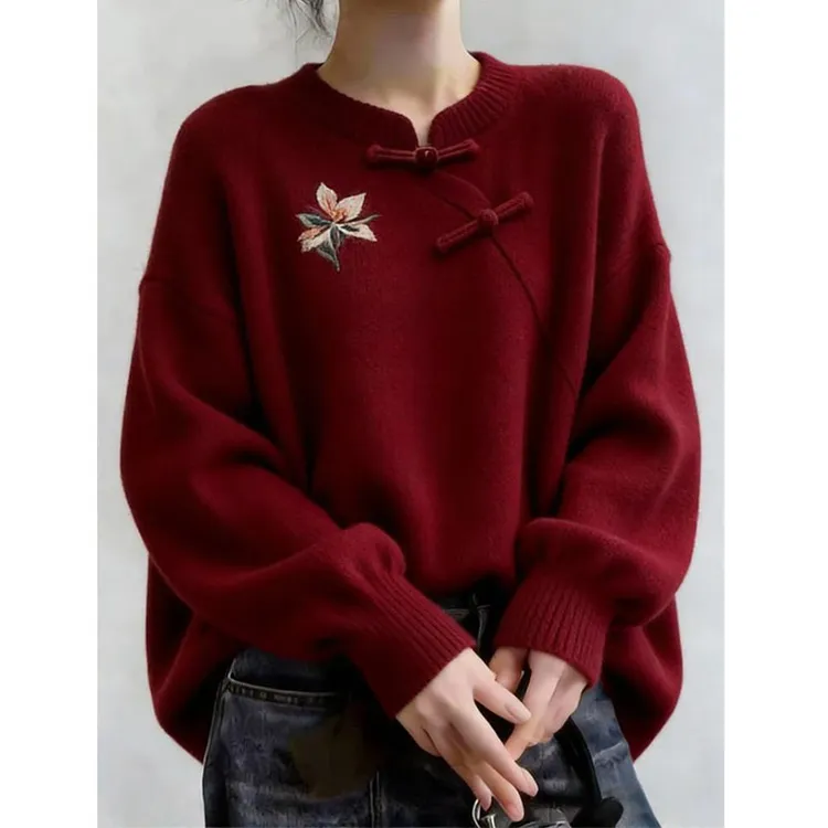 巨好看的秋冬穿搭韩系独特超好看高级感新中式国风立领盘扣毛衣女