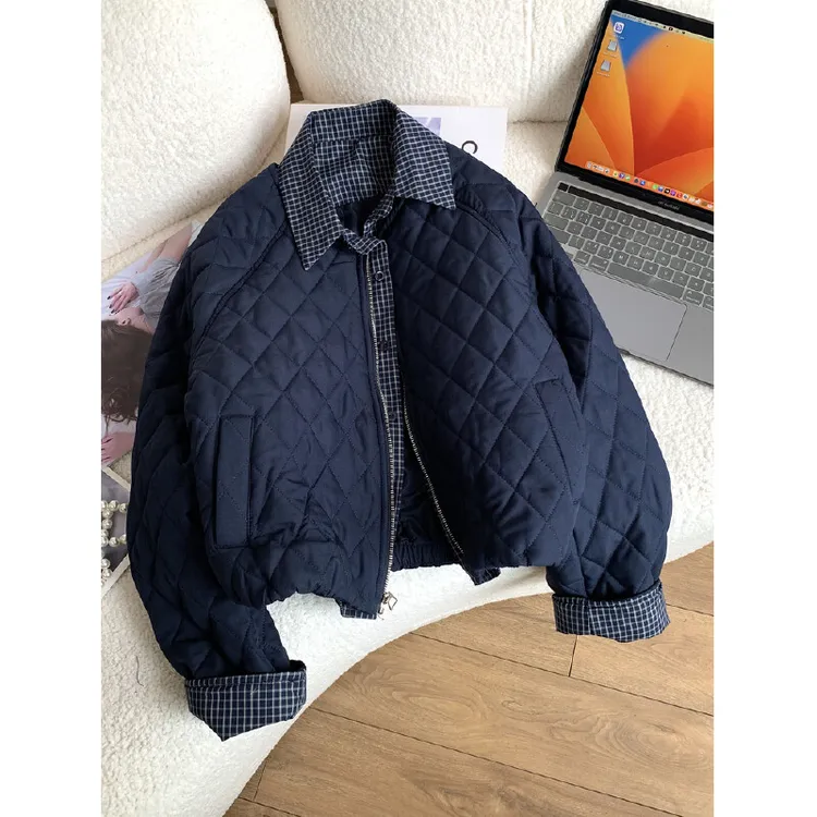 复古格纹拼接假两件菱格棉服女2025秋冬休闲宽松百搭翻领夹棉外套