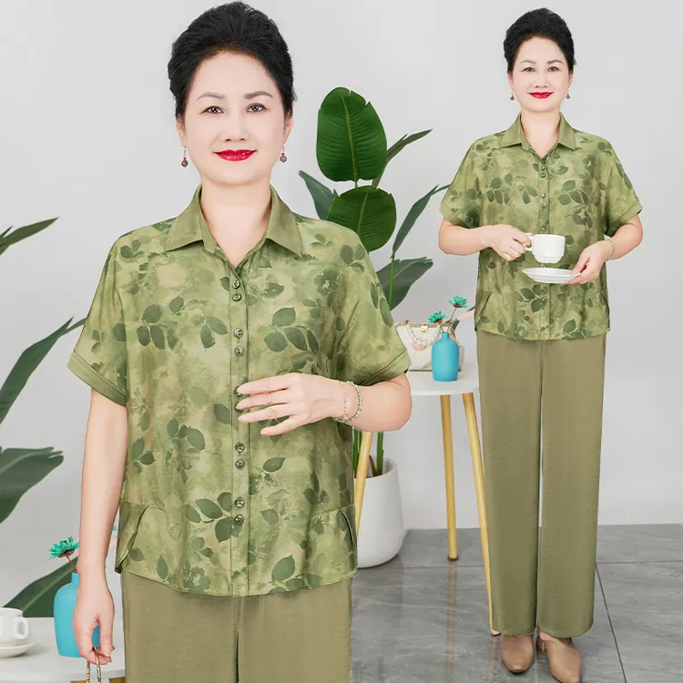 华太太胖妈妈夏季洋气大码宽松短袖印花套装薄款中老年B25867B