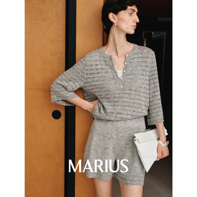 MARIUS“小冰格”亚麻棉几何形格纹镂空针织圆领马甲短裤T恤
