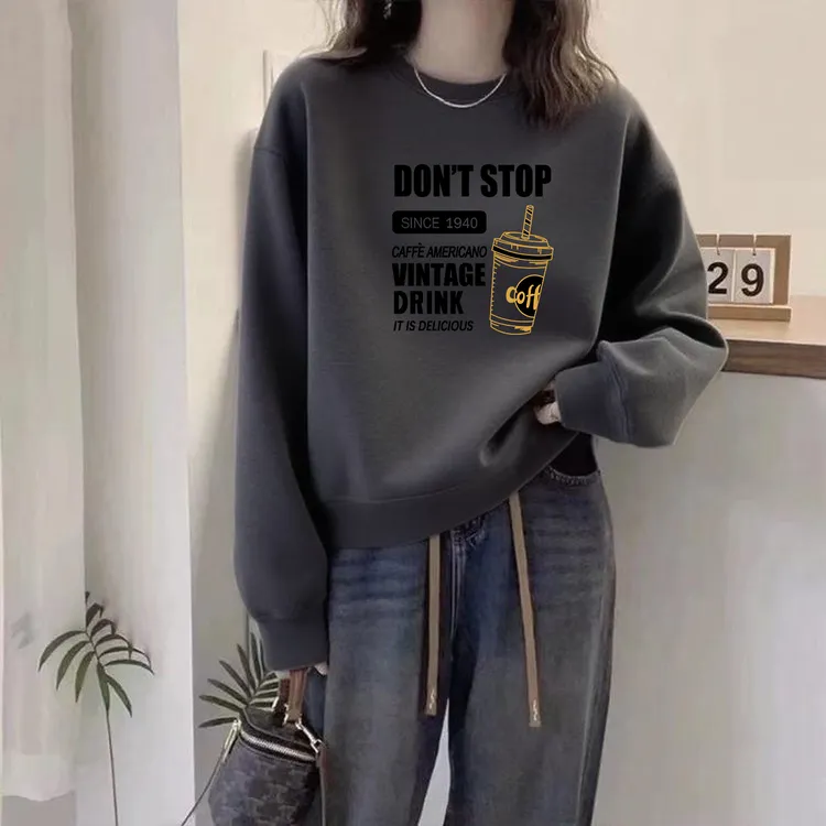 常规深灰色女士美式圆领短款卫衣女无帽百搭显瘦棉质宽松女线圈