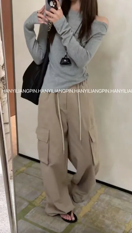 【抽绳工装裤】韩版纯色口袋工装裤