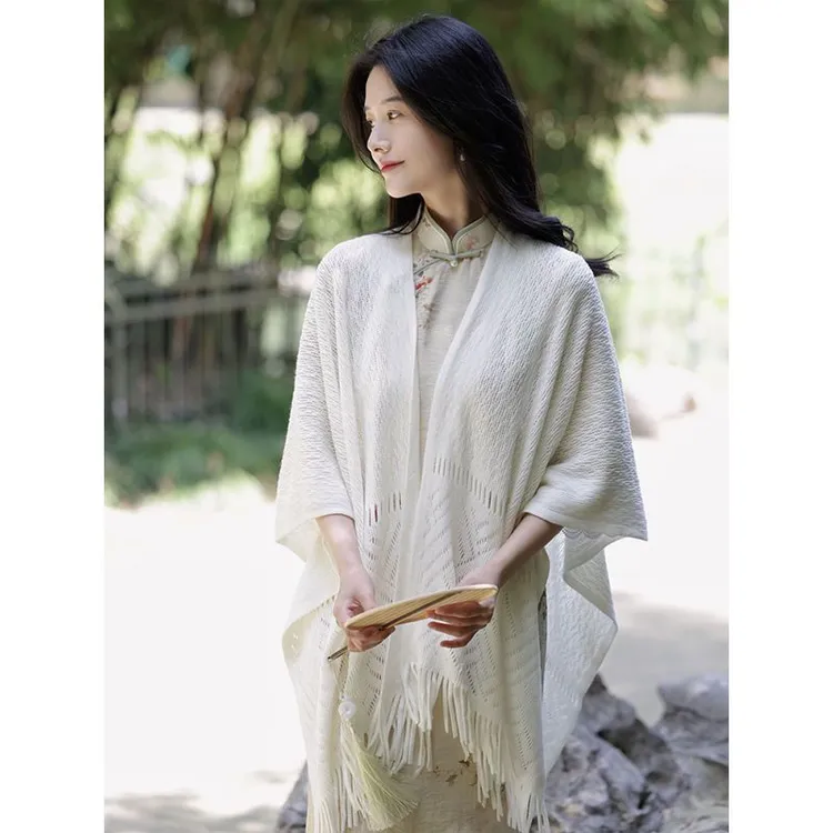 新款薄款百搭清新镂空设计气质白色针织开衫外套披肩旗袍