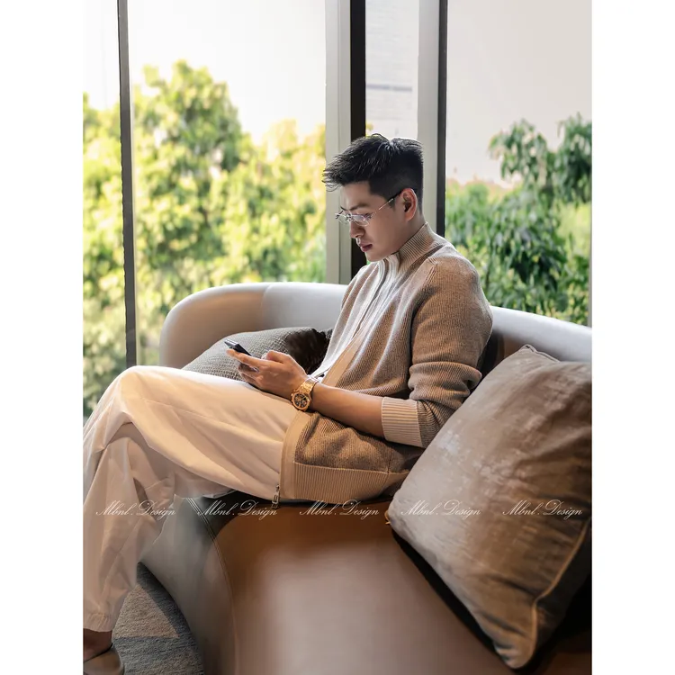 MBNL-F「OASI叠纱」秦磊男装纹理立领澳毛针织开衫LL-WWT0036