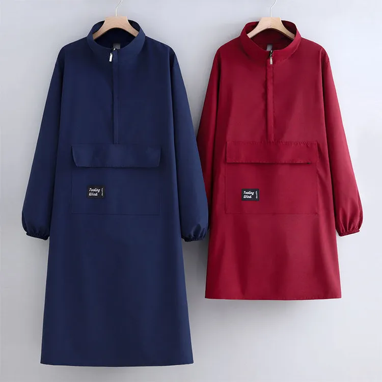 加长防泼水透气罩衣厨房家用立领长袖围裙简约餐饮烘焙工作服定制