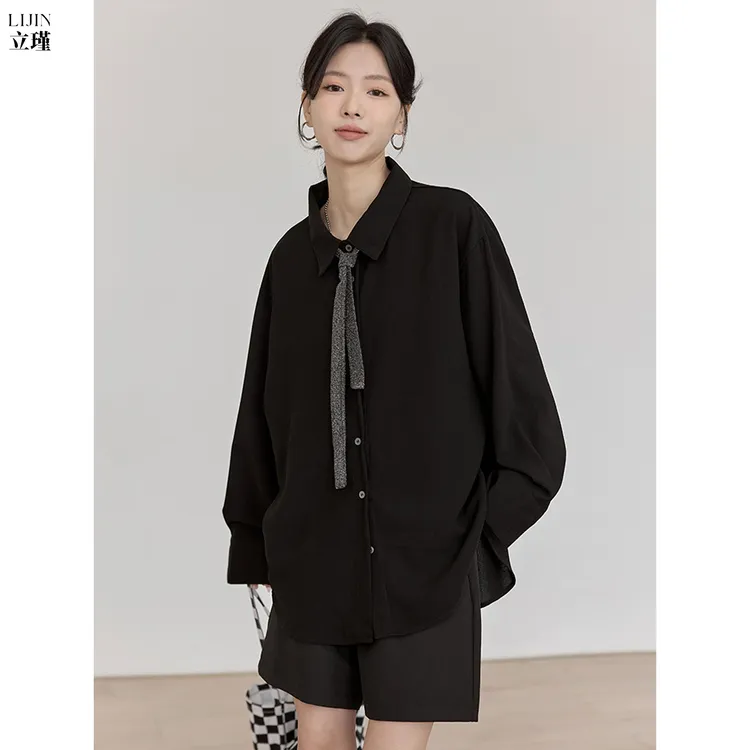 早秋复古黑色衬衫女长袖领带2025秋季高级感宽松显瘦垂感休闲衬衣