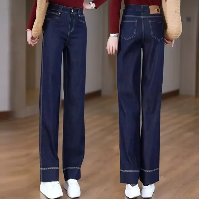 丹宁蓝直筒牛仔裤女2025新款春秋高腰宽松好看显瘦百搭窄版阔腿裤