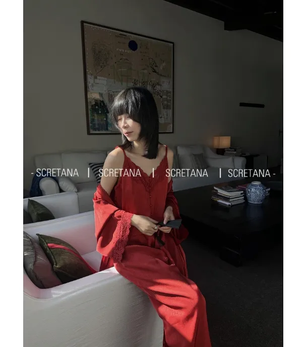 SCRETANA/安娜的秘密梅梅血月外袍吊带长裤家居服三件套SE8185