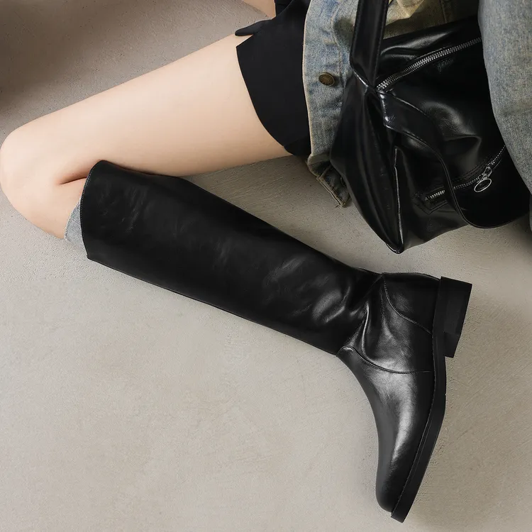 胖妹妹专属加大筒围高筒骑士靴时尚百搭平底不过膝长筒靴大码真皮