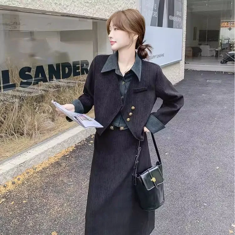 法国轻奢高级感灯芯绒外套半身裙套装春季新款大方得体穿搭两件裙