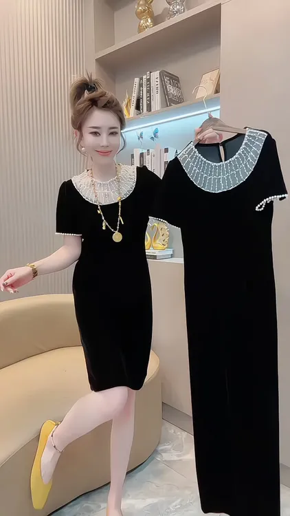 秋季新款时尚气质休闲宽松显瘦大码重工钉珠真丝丝绒短袖连衣裙女