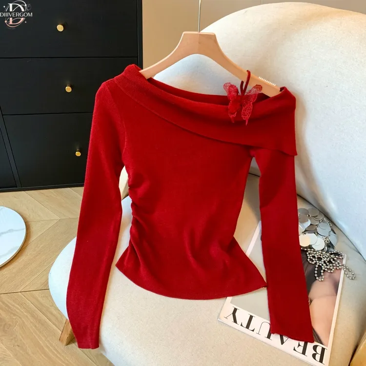 韩系设计感褶皱洋气斜肩上衣女新款气质显瘦针织长袖禅意仙气飘飘