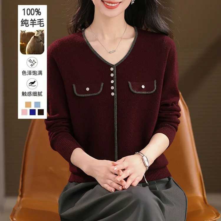 100%纯羊毛女装40岁以上妈妈装时尚洋气毛衣V领打底毛针织衫上衣
