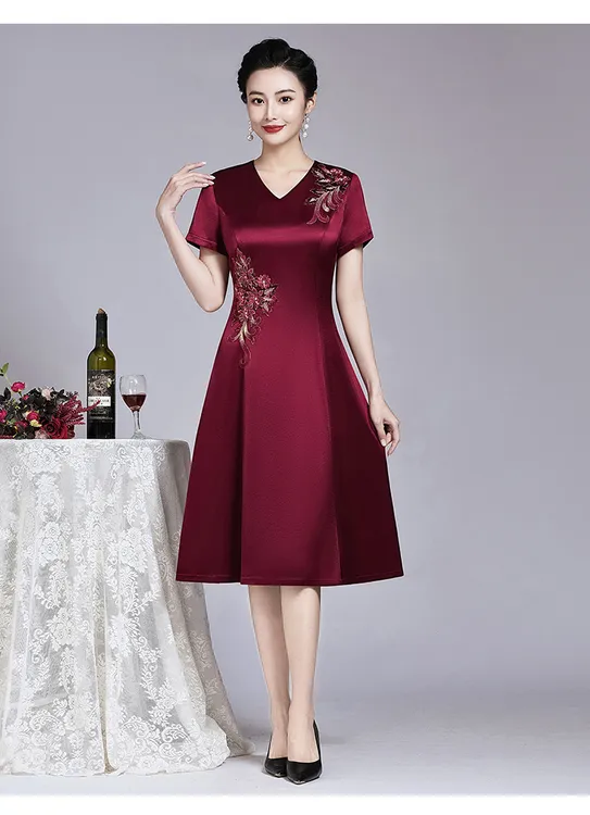 春夏小个子喜婆婆醋酸缎婚宴礼服高贵时尚妈妈装旗袍连衣裙遮小肚