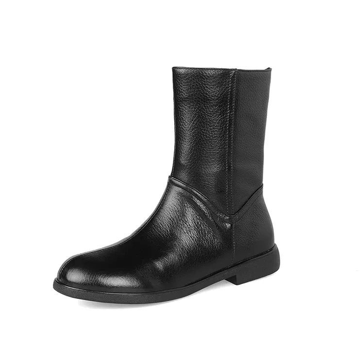 头层牛皮马丁靴圆头款时尚女靴加绒防水台半筒靴筒靴低筒