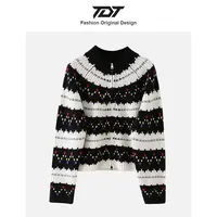 「TDT」25秋季彩色波点圆领提花费尔岛毛衣女士羊毛针织双拉链开衫
