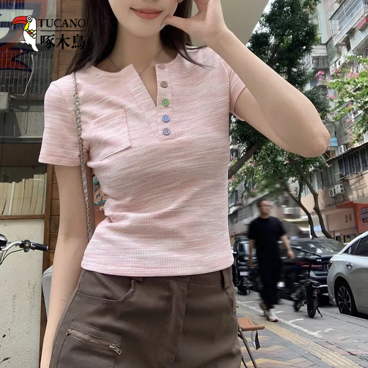啄木鸟夏季女装小V领短袖女t恤显瘦百搭洋气小衫女设计感小众上衣