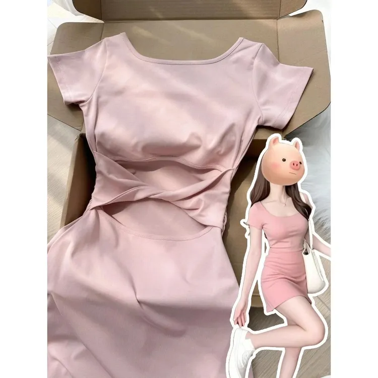 粉色小个子短袖连衣裙女夏季修身连衣裙高腰a字连衣裙短款度假风