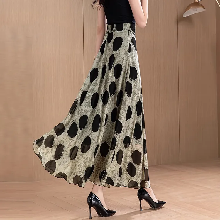 2025夏季新款雪纺波点半身裙女高腰大码A字裙修身大摆跳舞长裙子