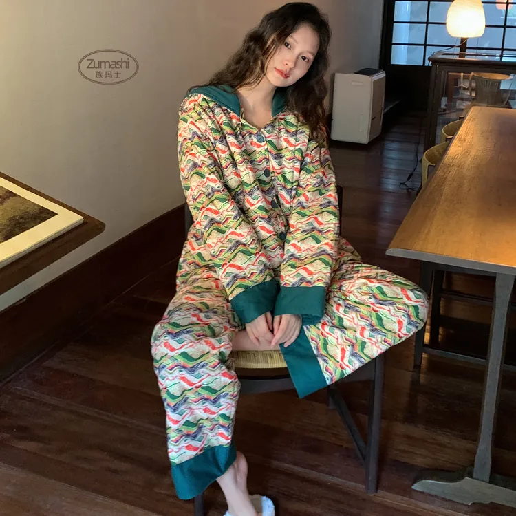 族玛士睡衣女士秋冬季2025新款纯棉加厚保暖夹棉民族风套装家居服