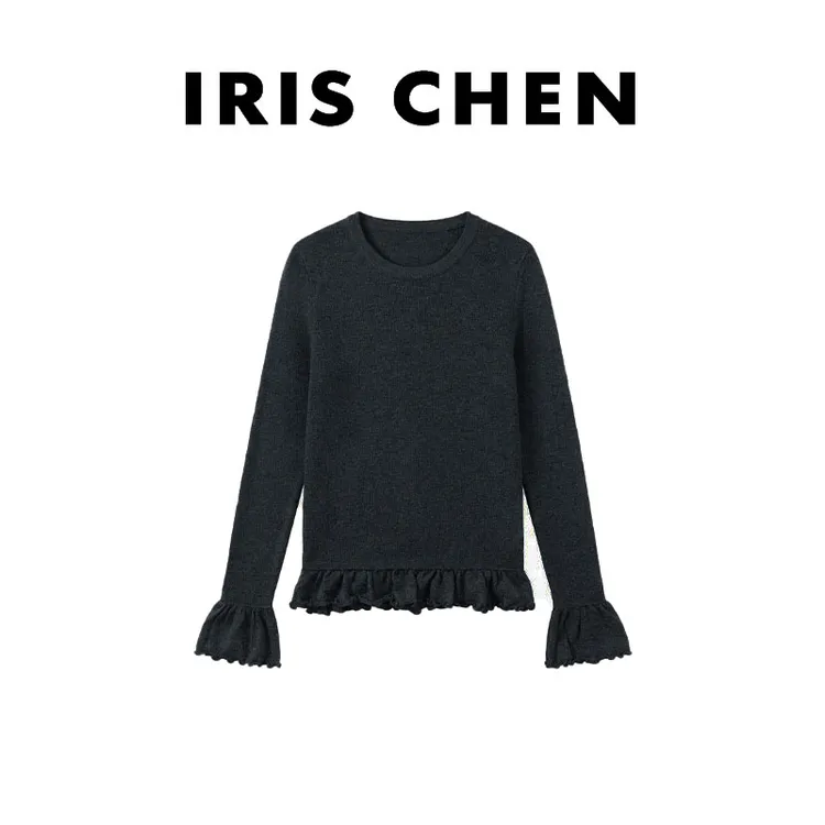 IRIS CHEN 随心搭 2025冬款“精纺绵羊毛”木耳边针织衫25SY1148