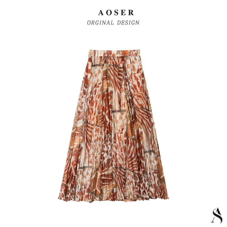 夏季新款波西米亚度假风大摆半身裙女优雅知性中长裙碎花a摆裙女