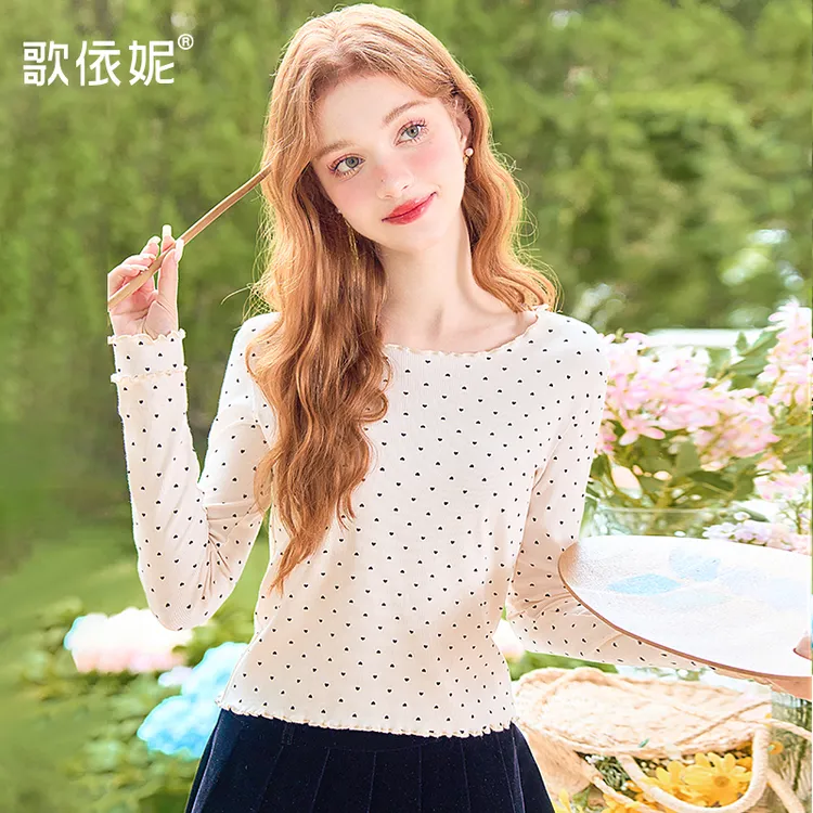 歌依妮秋冬季新款女甜美波点木耳边内搭打底衫针织长袖T恤衫上衣